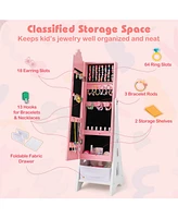 Kids Jewelry Cabinet with Full-Length Mirror and Foldable Drawer