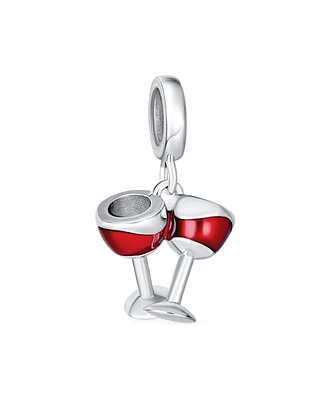 Bling Jewelry Celebration Toast Red Wine Glass Charm Bead Enamel Sterling Silver Bracelet