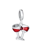 Bling Jewelry Celebration Toast Red Wine Glass Charm Bead Enamel Sterling Silver Bracelet