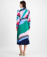 T Tahari Women's Mixed-Print Pleated Tie-Waist Midi Dress