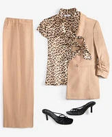 Bar Iii Womens Ruched Sleeve Linen Blazer Bow Blouse Cropped Pants Exclusively At Macys