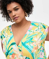 I.n.c. International Concepts Plus Printed Side-Tie Cap-Sleeve Surplice Top