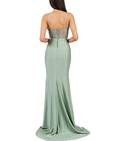 B Darlin Juniors' Strappy Sequinned-Lace Illusion-Corset Maxi Dress