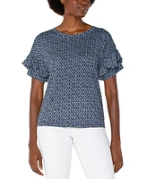 Liverpool Los Angeles Petite Ruffled-Sleeve Knit Top