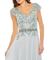 Women's Embellished Cap Sleeve Bodice Flowy Gown