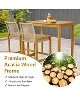 Set of 4 Patio Wood Barstools Rattan Bar Height Chairs with Backrest Porch Balcony