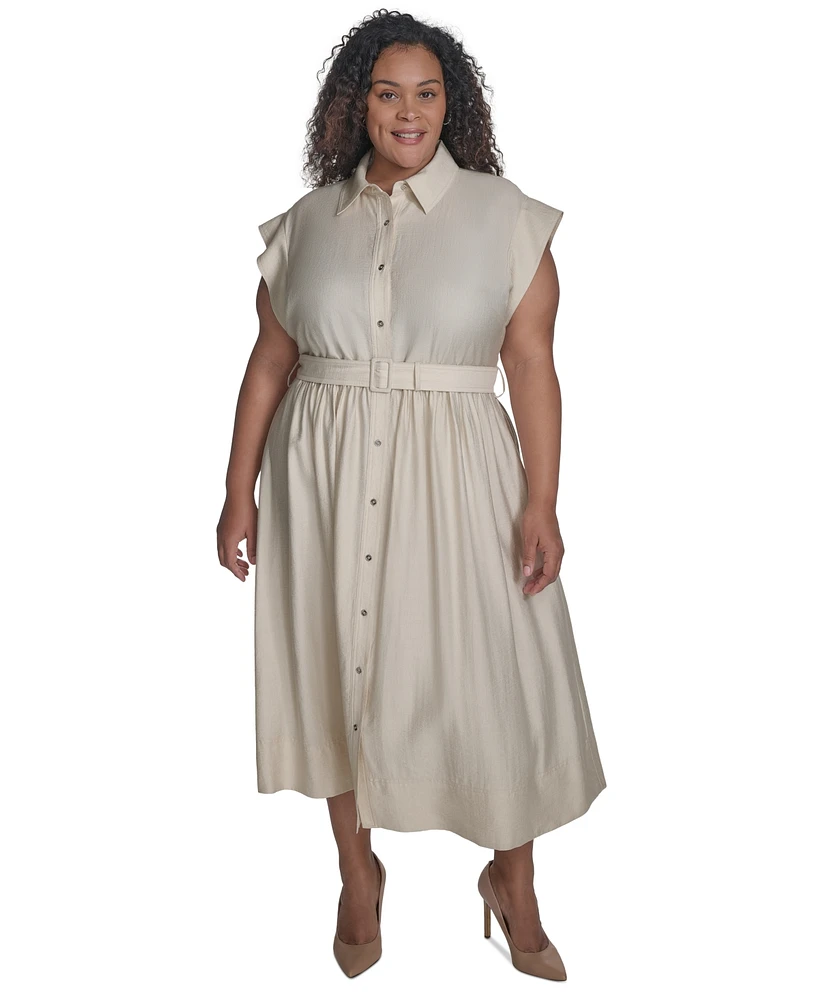 Dkny Plus Cap-Sleeve Belted Midi Shirtdress