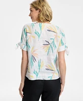 Charter Club Women's Textured-Palm Tie-Sleeve Woven 100% Linen Top, Exclusively at Macy's