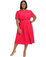 London Times Plus Eyelet Jersey Short-Sleeve Midi Dress