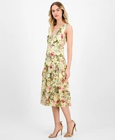 Connected Women's Floral Print Tiered Sleeveless Midi Dress