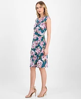 Connected Women's Printed Gathered Cap-Sleeve Sheath Dress