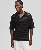 Mode of One Men's Johnny-Collar Open-Stitch Short-Sleeve Sweater, Exclusively at Macy's