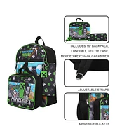 Minecraft 5-Piece Set: 16" Backpack, Lunchbox, Utility Case, Rubber Keychain, and Carabiner