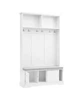Space-Saving Hall Tree: Sliding Doors, Silvery Hooks, Mudroom Bench, Shoe Storage, Cushion