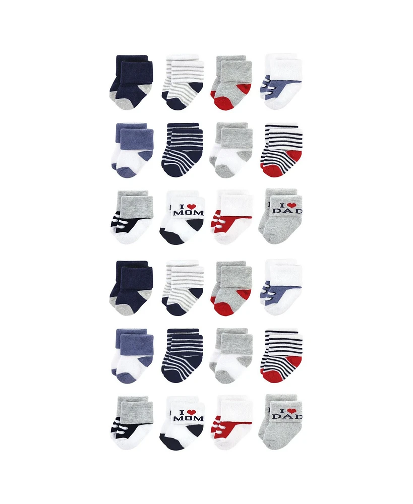 Hudson Baby Boys Cotton Rich Terry Socks 24-Pack, Mom Dad Navy Red, 0-6 Months