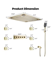 5-Function Luxury Thermostatic Shower System with Body Jets, Led Lights, Rainfall Head, and Handheld Spray, Brushed Gold