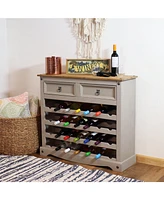 34.5-Inch H 28-Bottle Solid Pine Wine Rack Table - Four 7-Bottle Rows - 2 Drawers - Zinc Alloy Drawer Pulls - Gray
