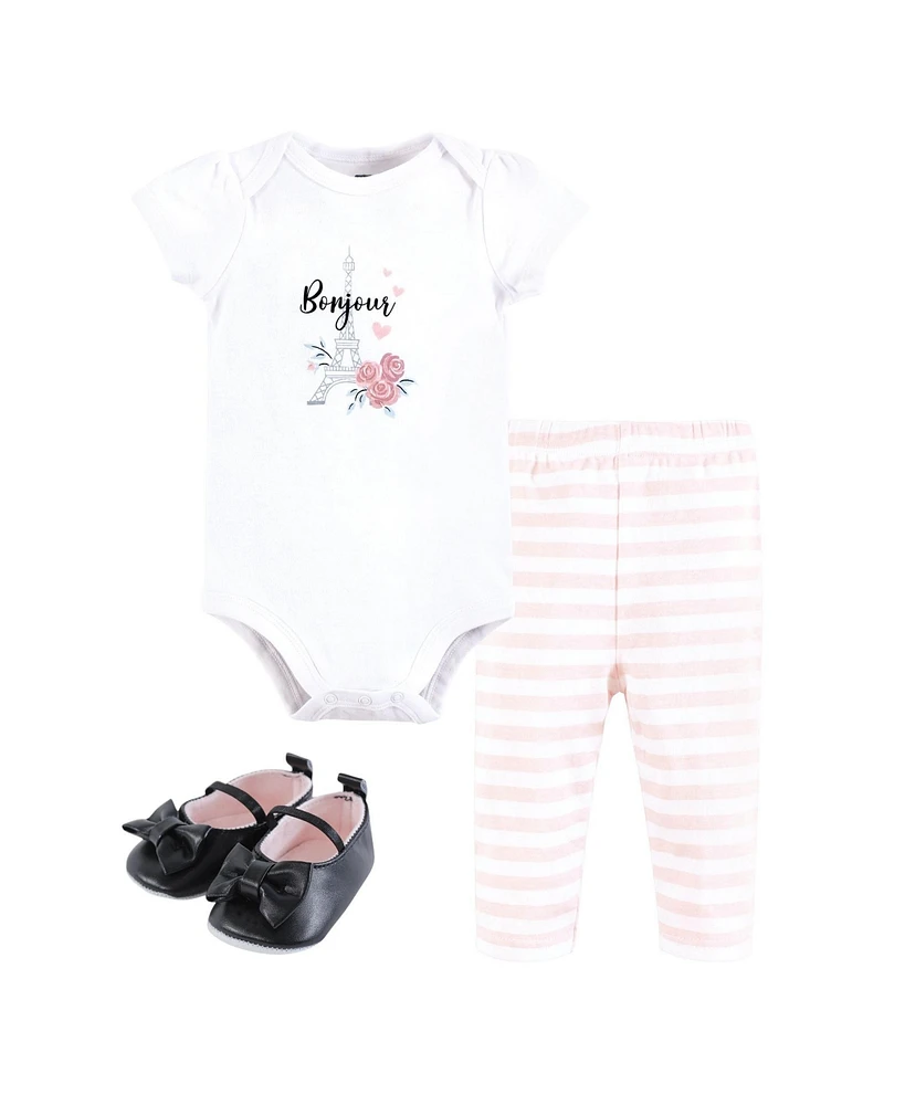 Hudson Baby Infant Girl Cotton Bodysuit, Pant and Shoe Set, Bonjour Paris, 9-12 Months