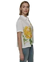 Karl Lagerfeld Paris Petite Placed Floral Cropped Woven Top