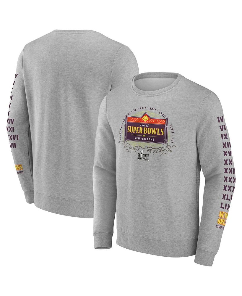 Fanatics Men's Heather Gray Super Bowl Lix Marble Wordmark Fleece Crew Sweatshirt