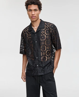 Mode of One Men's Relaxed-Fit Textured Geometric Lace Button-Down Camp Shirt, Exclusively at Macy's