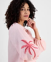 Charter Club Petite 100% Linen Tie-Neck Embroidered-Sleeve Top, Exclusively at Macy's