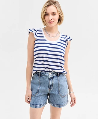 On 34th Women's Striped Flutter-Sleeve Voop-Neck T-Shirt, Exclusively at Macy's