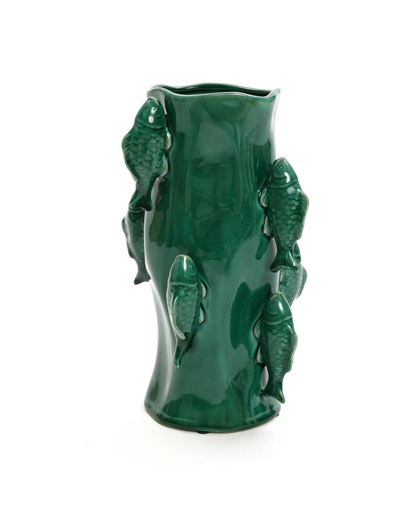 LuxenHome Marine Green Ceramic Fish 12.2-Inch Tall Vase