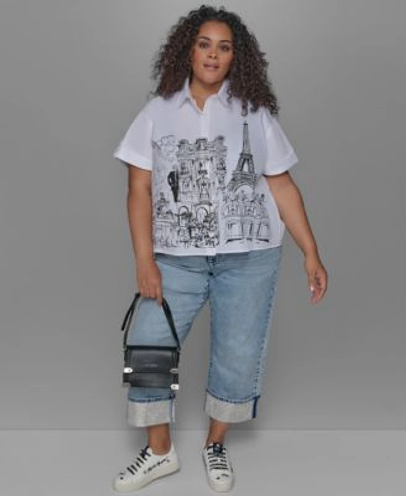 Karl Lagerfeld Paris Plus Size City Scene Poplin Short Sleeve Shirt Crystal Cuffed Jeans