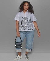 Karl Lagerfeld Paris Plus Size City Scene Poplin Short Sleeve Shirt Crystal Cuffed Jeans