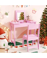 2-in-1 Kids Vanity Makeup Table and Chair Set with Flip-Top Mirror Fun Stylish Dressing for
