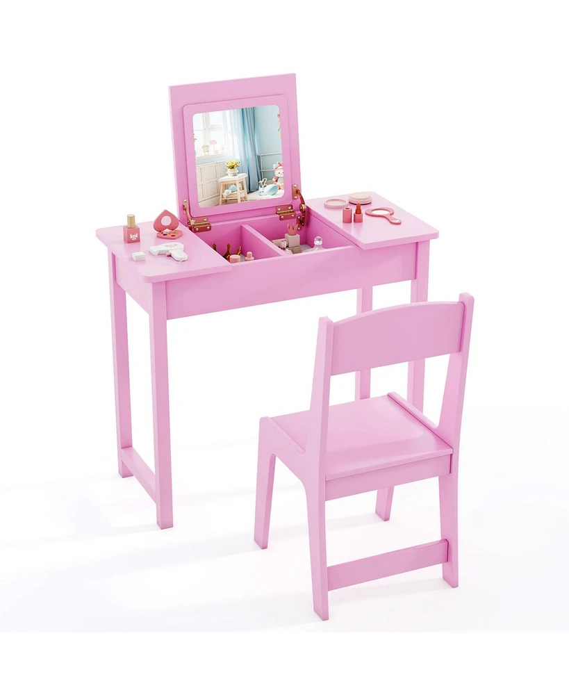 2-in-1 Kids Vanity Makeup Table and Chair Set with Flip-Top Mirror Fun Stylish Dressing for