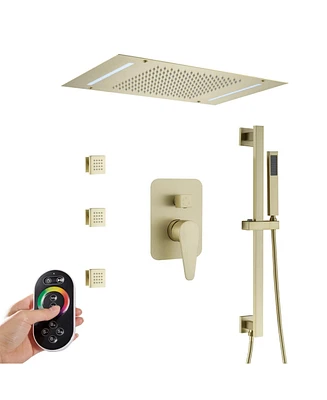 Luxury Shower System Square Top Spray with Body Jets, Led Light Single-Function Handle, and Adjustable Lifting Rod for Bathroom, Brushed Gold