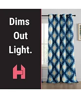 Hlc.me Liam Ogee Ikatt Damask Patterned Window Grommet Curtains Bedroom - Light Blocking Darkening Window Panels, Set of 2 (Navy Blue