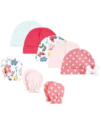 Hudson Baby Baby Girls Hudson Cotton Cap and Scratch Mitten Set, Butterfly Floral, 0-6 Months