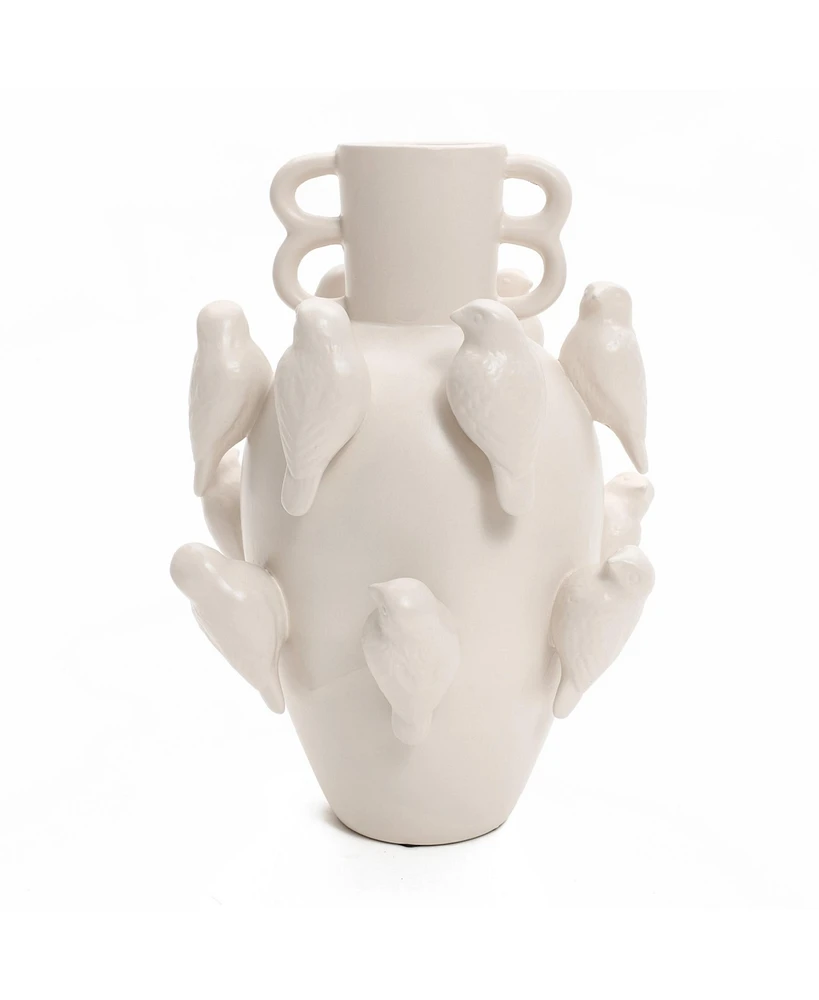 LuxenHome Classic White Ceramic Modern Birds 14.4-Inch Tall Vase