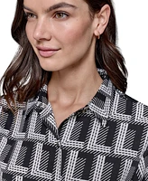 Karl Lagerfeld Paris Women's Geometric-Print Short Sleeve Button-Front Top