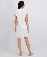 London Times Women's Ruffled Split-Neck Ruffled-Sleeve Cotton Shift Dress