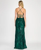 Crystal Doll Juniors' Sequined Lace-Up-Back Gown