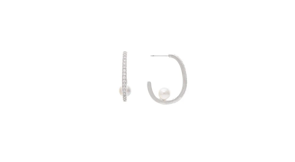 White Rhodium Clad Cz Hoop with Pearl detail