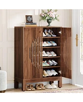 Tribesigns 5-Tier Shoe Cabinet with Round Louvered Doors, 20 Pairs Farmhouse Shoe Storage Cabinet with Adjustable Shelves, Wooden Shoe Rack Organizer