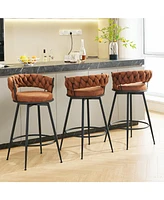 Dyhome 28 inch Bar Stools Set of 3, Modern Counter Height Stools, 360° Swivel Suede Fabric Stool Chairs with Woven Back and Footrest for Kitc