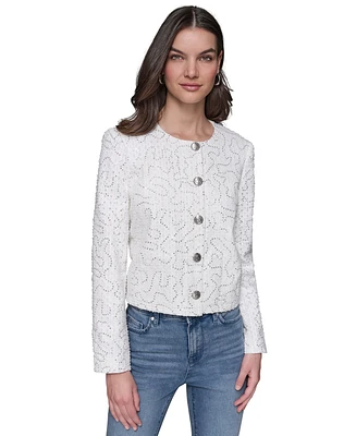 Karl Lagerfeld Paris Women's Button-Front Sequin Collarless Jacket