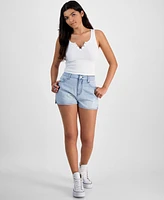 Indigo Rein Juniors' Gingham-Panel Mom Shorts