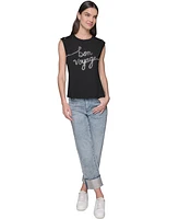 Karl Lagerfeld Paris Women's Embellished Sleeveless Button-Shoulder Tee