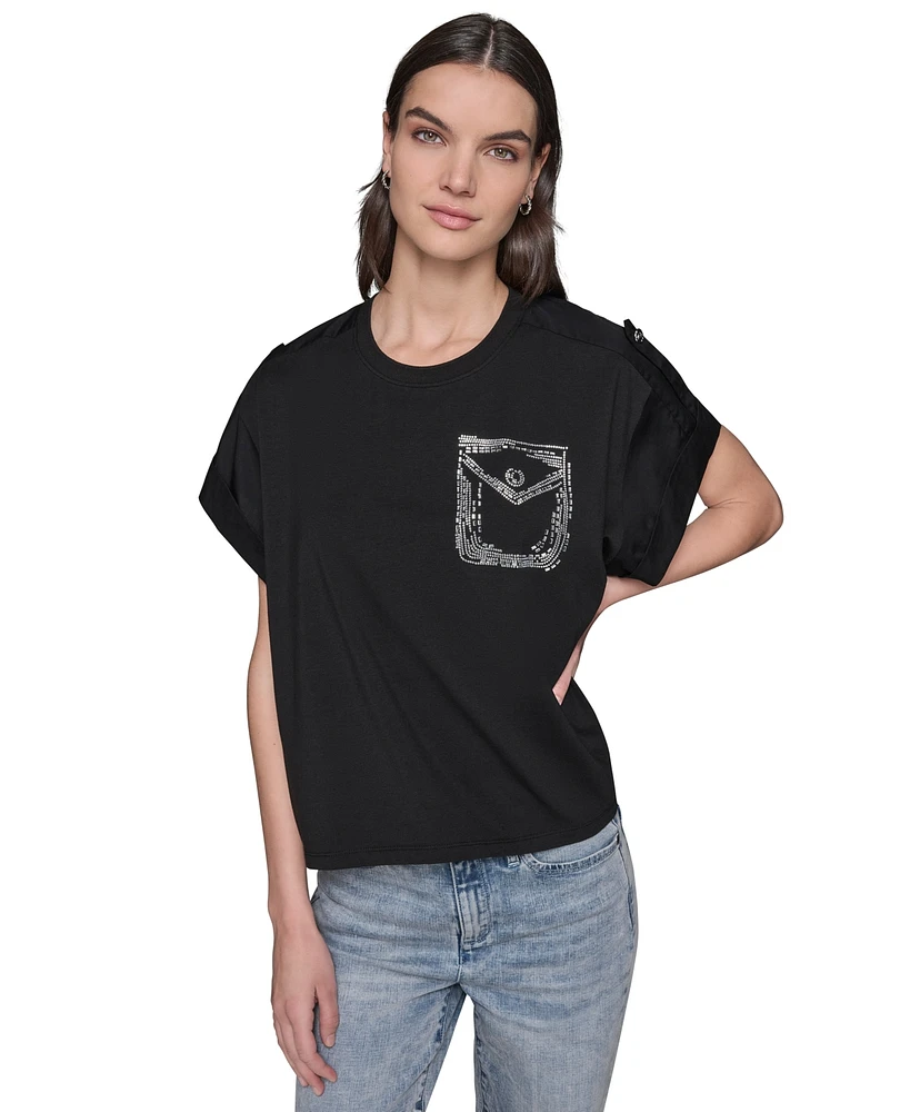 Karl Lagerfeld Paris Women's Embellished-Pocket Tee