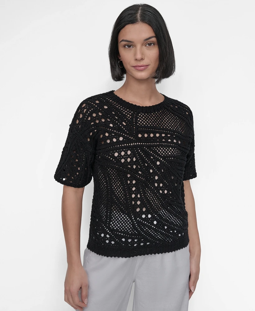 Dkny Women's Cotton Short-Sleeve Crochet Sweater