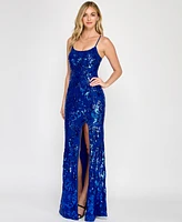 Crystal Doll Juniors' Floral Sequined Sleeveless Gown