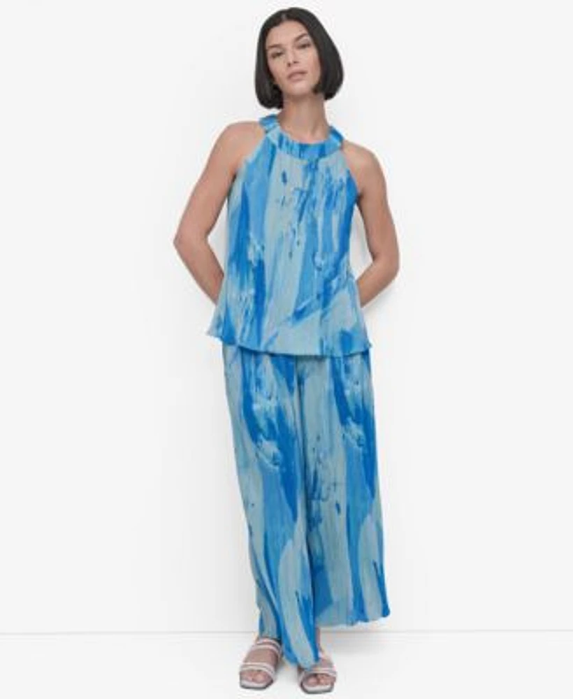 Dkny Womens Printed Plisse Sleeveless Blouse Pull On Pants