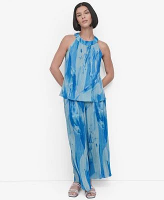 Dkny Womens Printed Plisse Sleeveless Blouse Pull On Pants